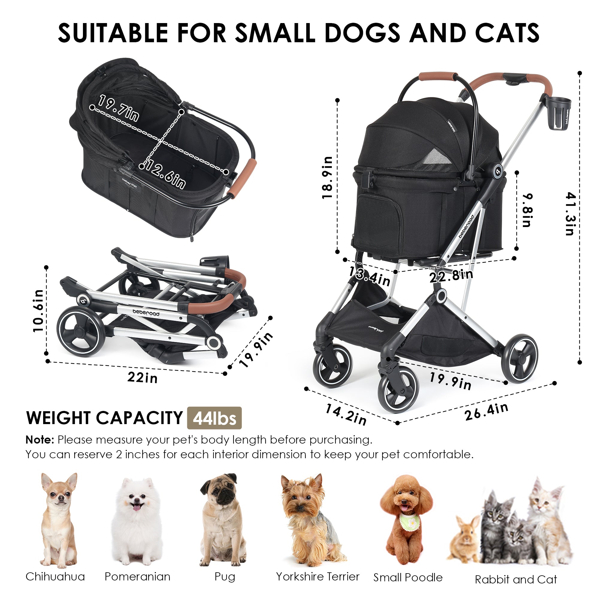 Beberoad T3 Pro Pet Stroller | Detachable Stroller & Carrier | For Small Pet