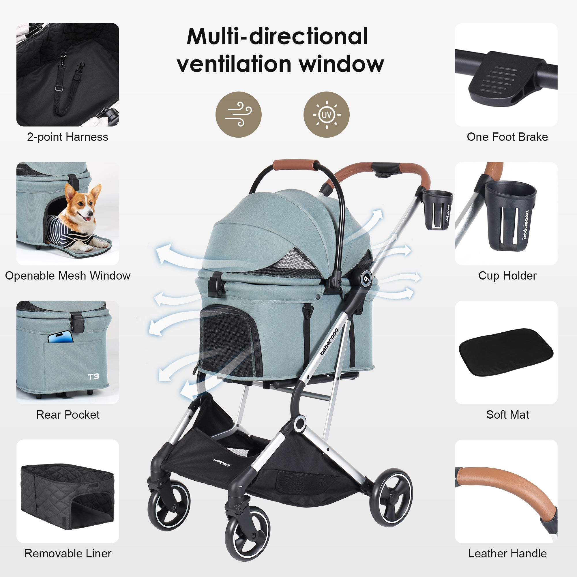 Beberoad T3 Pro Pet Stroller | Detachable Stroller & Carrier | For Small Pet