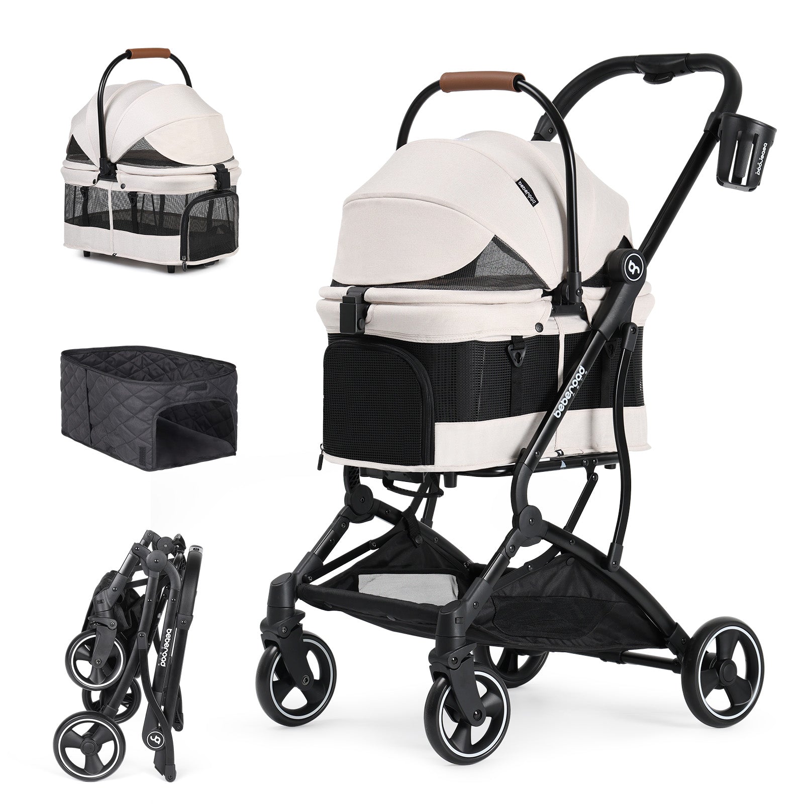 Beberoad T3 3-in-1 Pet Stroller | Detachable Carrier | with Pad, Canopy and Cup Holder