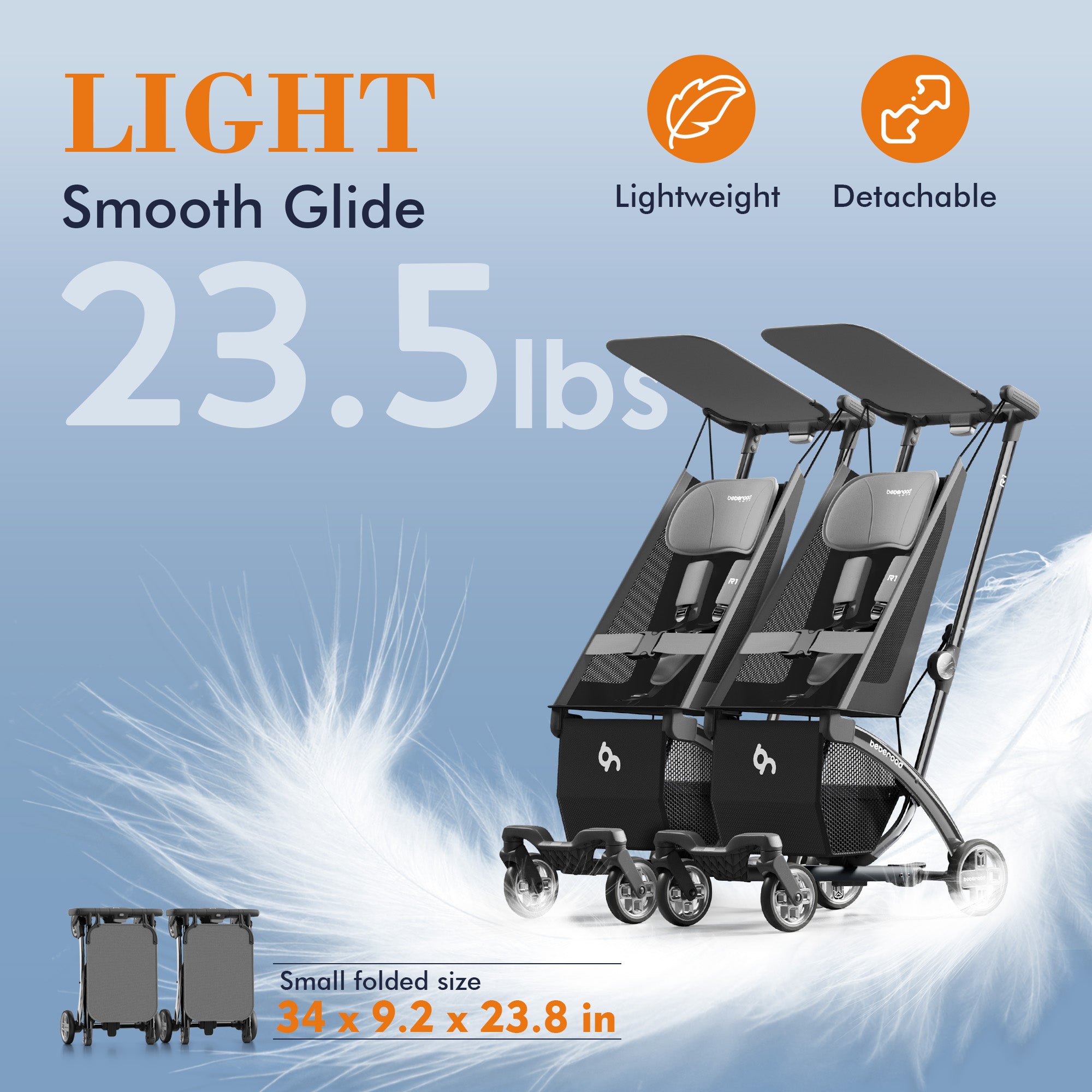 Beberoad R1 Baby Stroller | Auto-Folding | Single or Double Travel Stroller