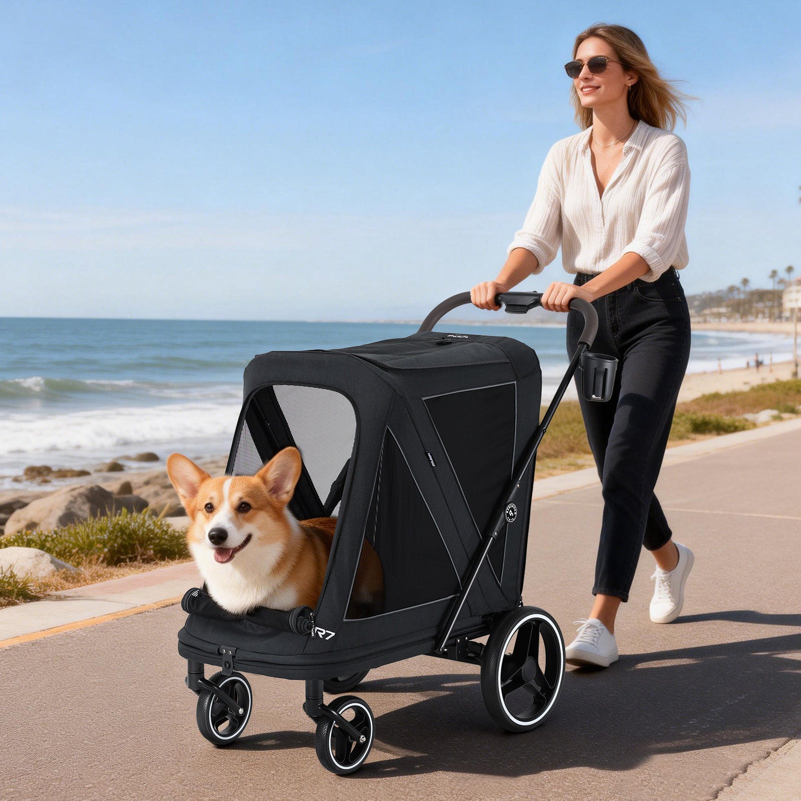 Beberoad R7 All-Terrain Dog Stroller – One-Second Fold, Shock-Absorbing ER Tires, Panoramic Mesh Design