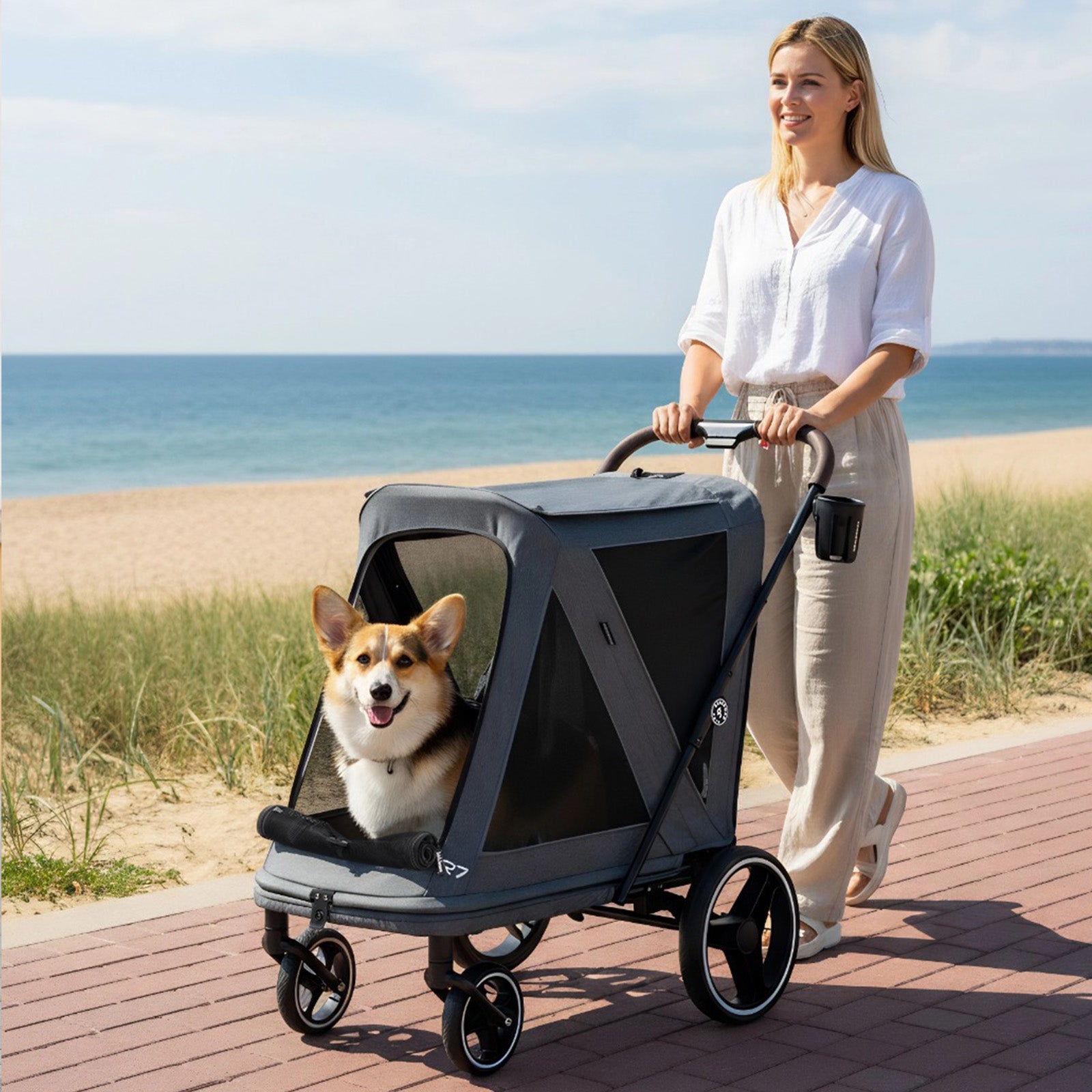 Beberoad R7 All-Terrain Dog Stroller – One-Second Fold, Shock-Absorbing ER Tires, Panoramic Mesh Design
