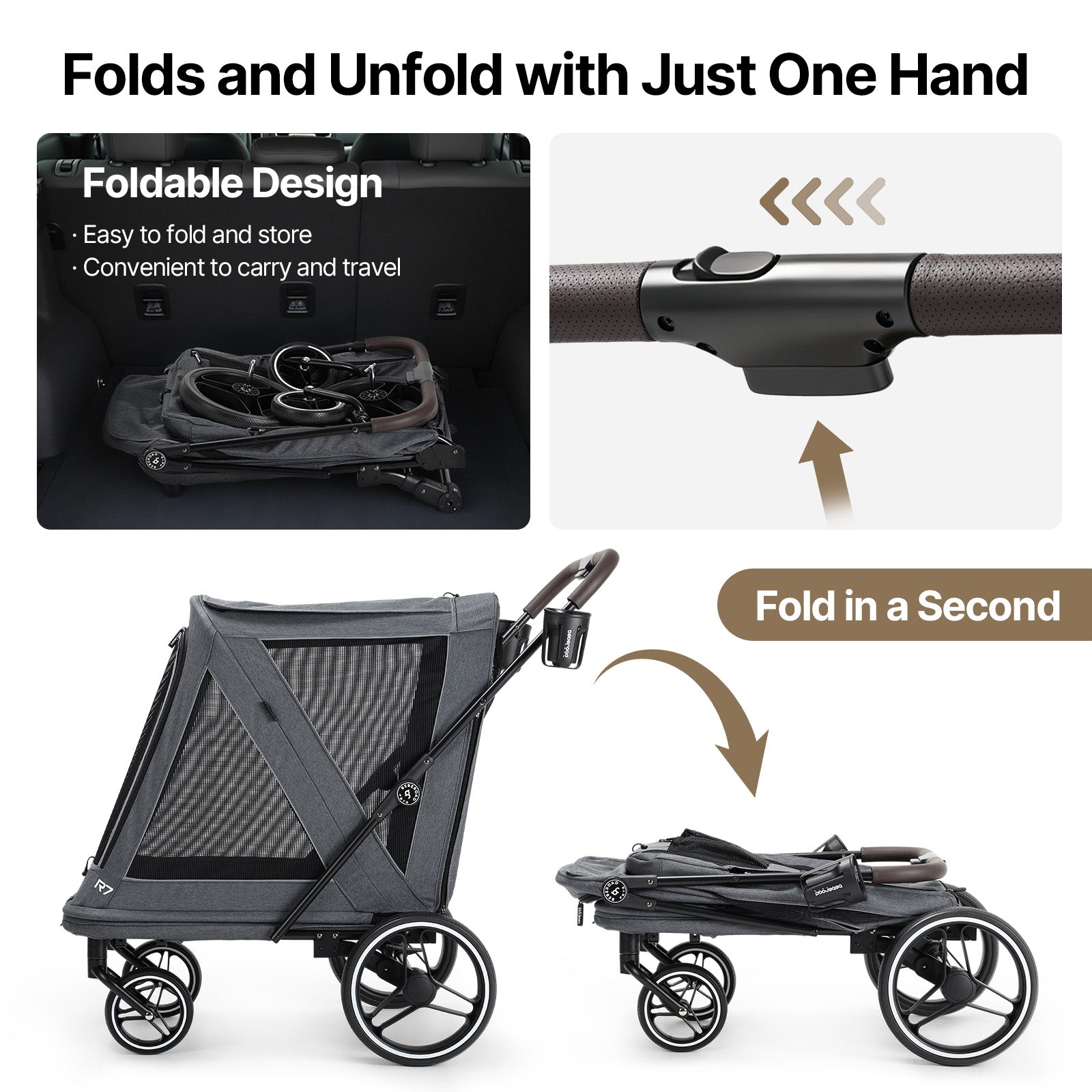 Beberoad R7 All-Terrain Dog Stroller – One-Second Fold, Shock-Absorbing ER Tires, Panoramic Mesh Design