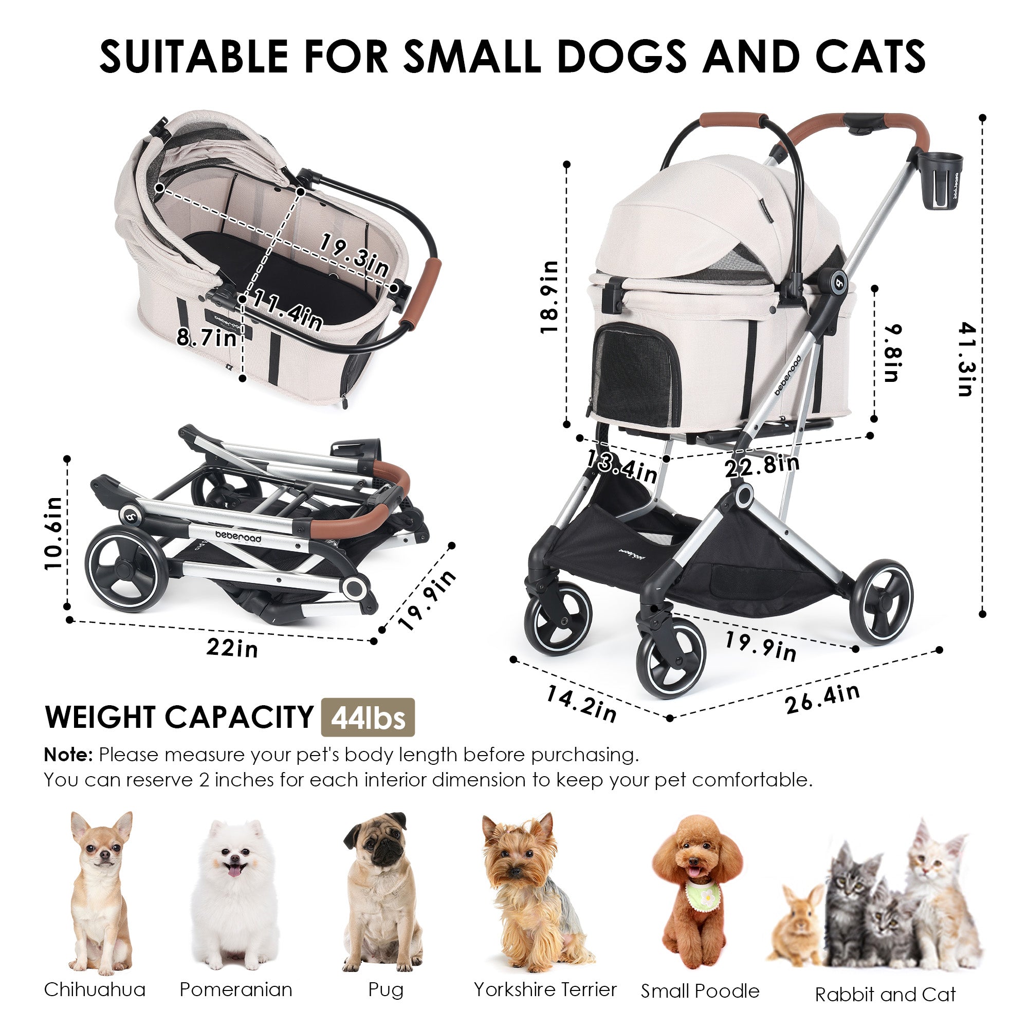 Beberoad T3 3 in 1 Pet Stroller | Detachable Carrier | with Pad, Canopy and Cup Holder