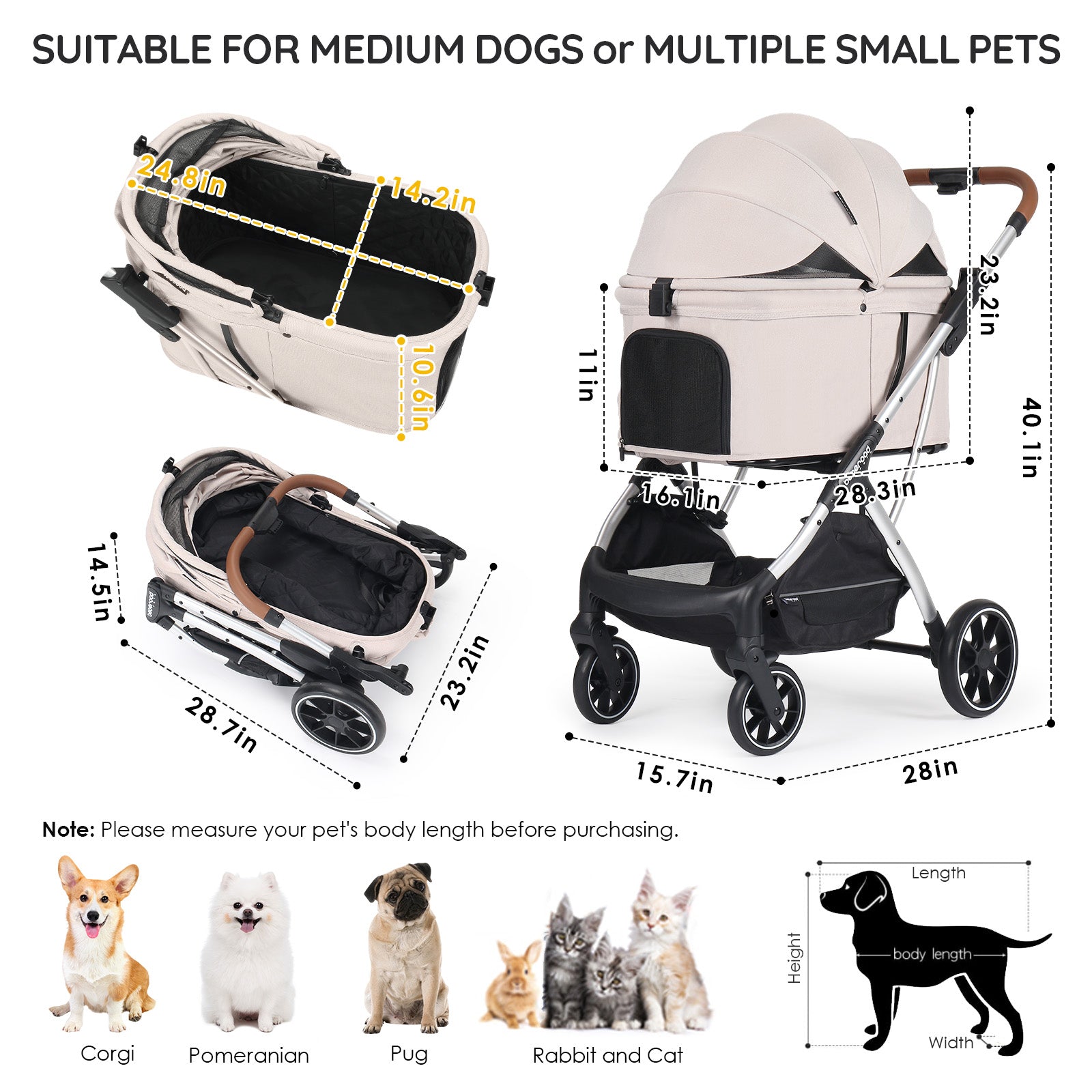 Beberoad T5 Luxury Pet Stroller | Foldable with 180 ̊Canopy | for Small & Medium Pets